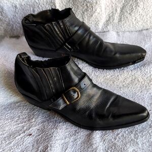 Glacee, Black Leather, Ankle Boots, with Buckle Embellishment.